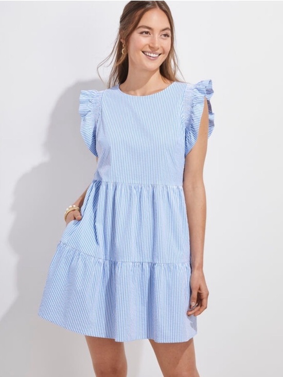 Vineyard Vines Dresses & Skirts - Vineyard Vines performance harbor ruffle dress blue seersucker womens XS